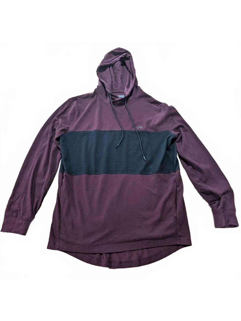 American Eagle Men's Colorblock Hooded Long Sleeve Tee Shirt Maroon Small